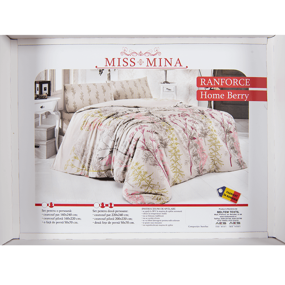 Lenjerie pat Homeberry, 2 persoane, bumbac, 4 piese, imprimeu floral, multicolor