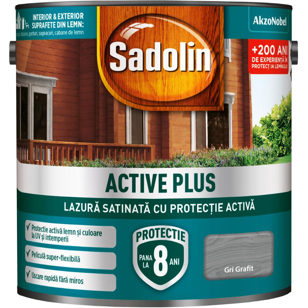 Lazura satinata pentru protectia lemnului Sadolin Active Plus WB, gri grafit, interior/exterior, 5 l