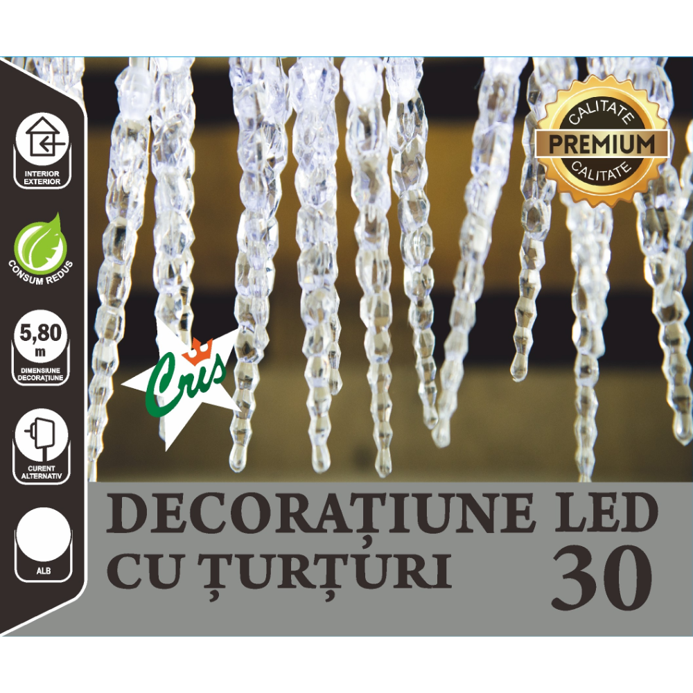 Instalatie decorativa Craciun, turturi, 30 LED-uri alb, 5.8 m + 3 m cablu alimentare, interior / exterior, alimentare curent alternativ