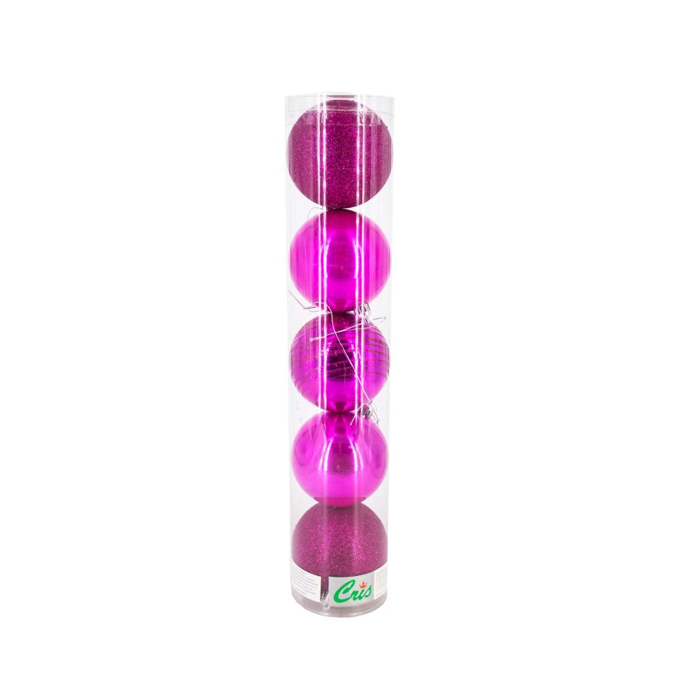 Set 5 globuri decorative de Craciun, plastic, fuxia, 8 cm