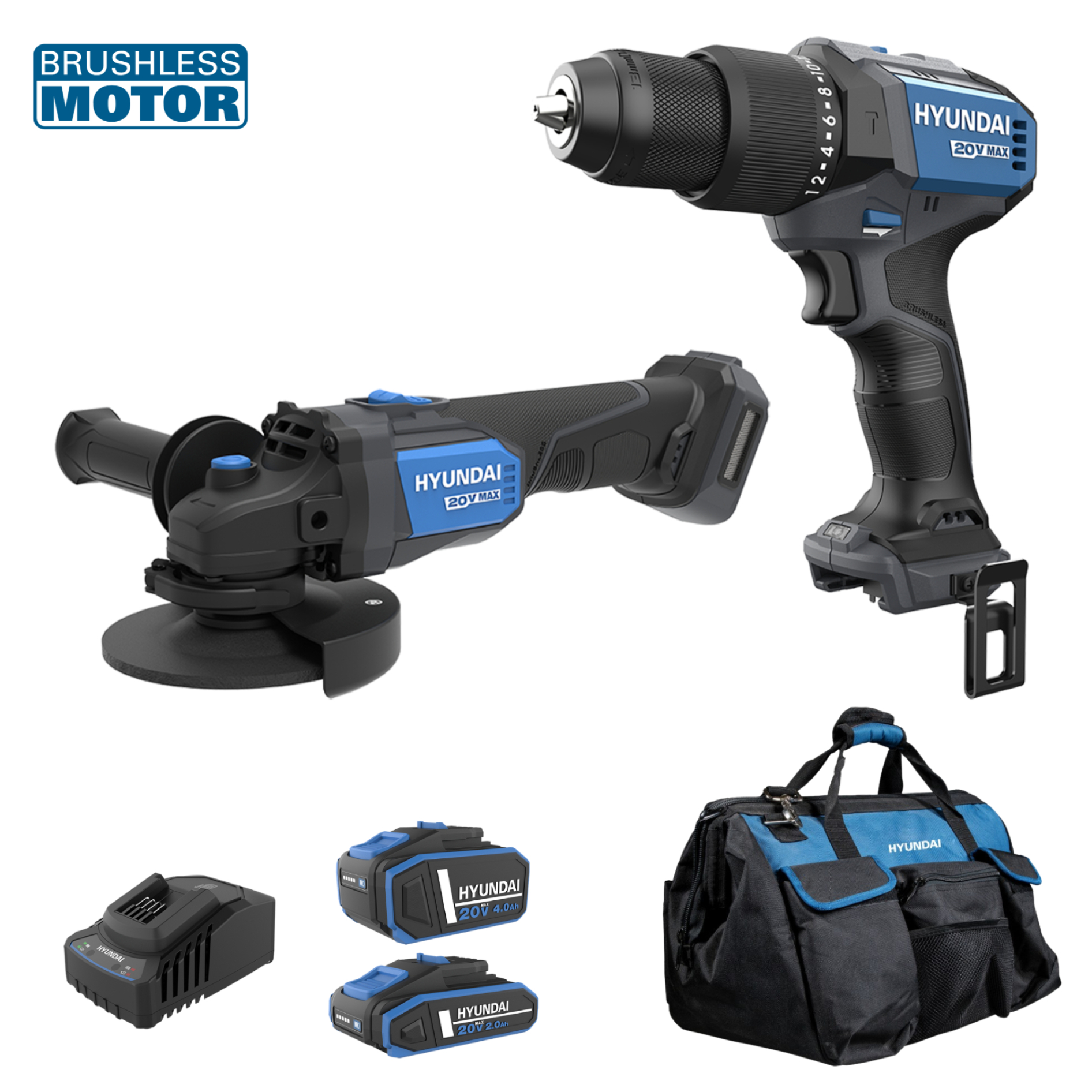 Set Masina de gaurit si insurubat cu percutie Hyundai HD20X-60TT + Polizor unghiular brushless Hyundai Solo AG20X-125, 1 acumulator 20V 4Ah, 1 acumulator 20V 2Ah, incarcator, geanta transport