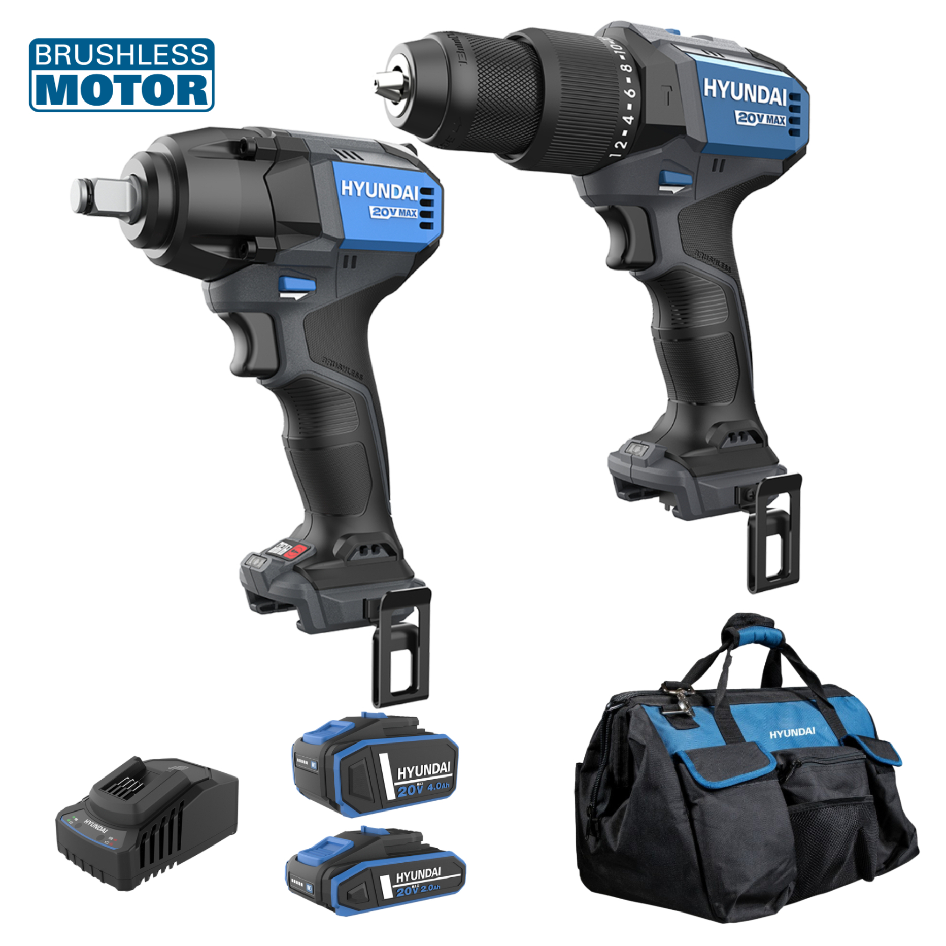 Set Masina de gaurit si insurubat cu percutie Hyundai HD20X-60TT + Masina de insurubat cu impact brushless Hyundai Solo IW20X-350Nm,1 acumulator 20V 2Ah, 1 acumulator 20V 4Ah, incarcator, geanta transport