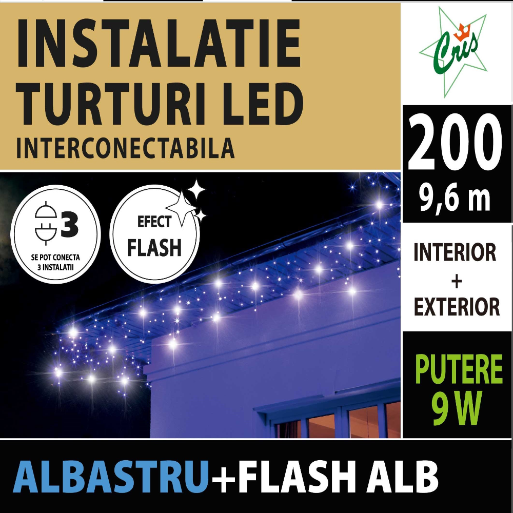 Instalatie decorativa Craciun, turturi, 200 LED-uri albastru cu flash alb, 9,6 m, interior/exterior, alimentare la retea
