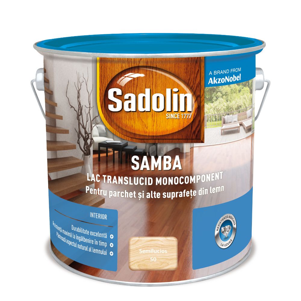 Lac semilucios pentru lemn si parchet, Sadolin Samba, incolor, interior, 5 l