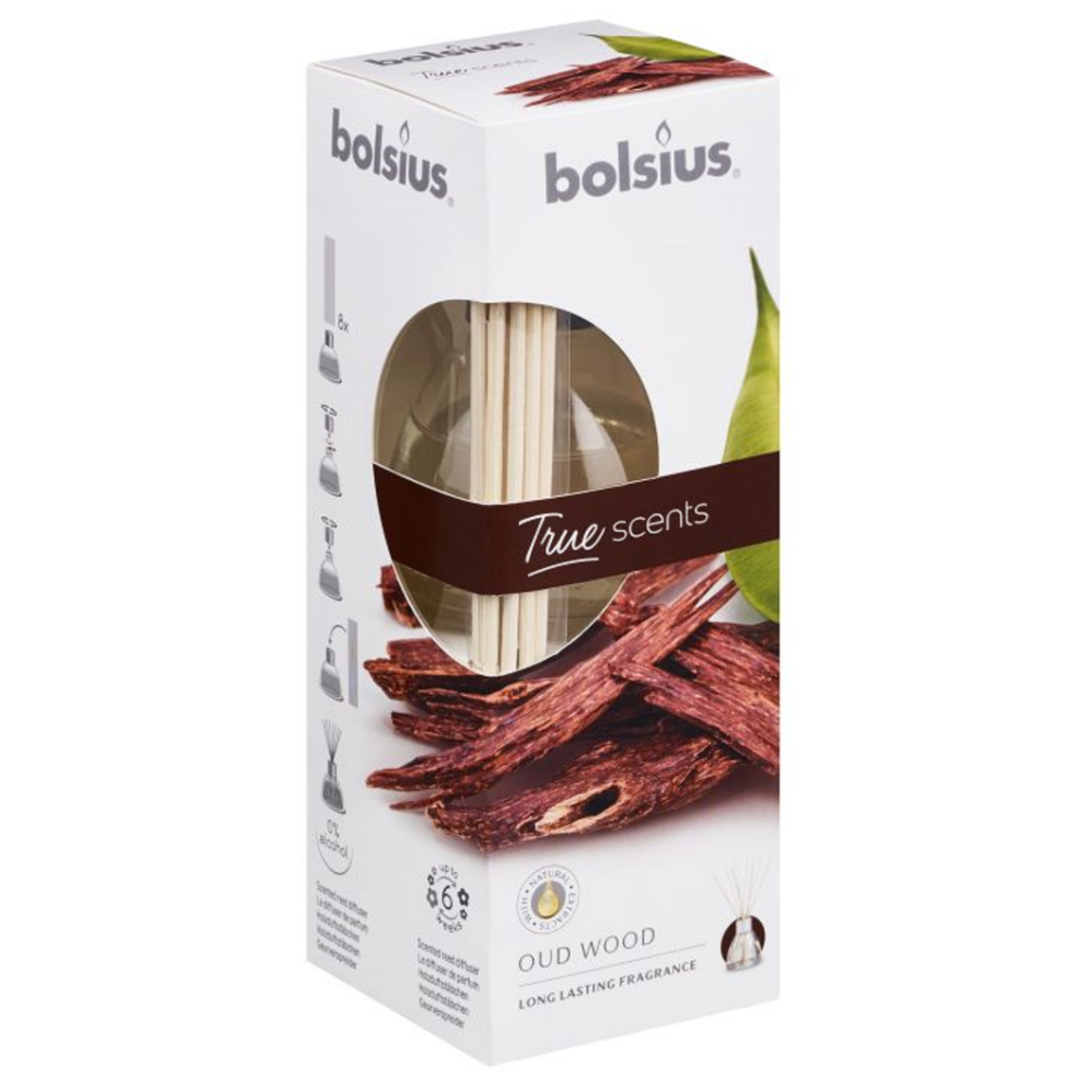 Odorizant cu betisoare Bolsius True Moods, lemn de oud, 45 ml
