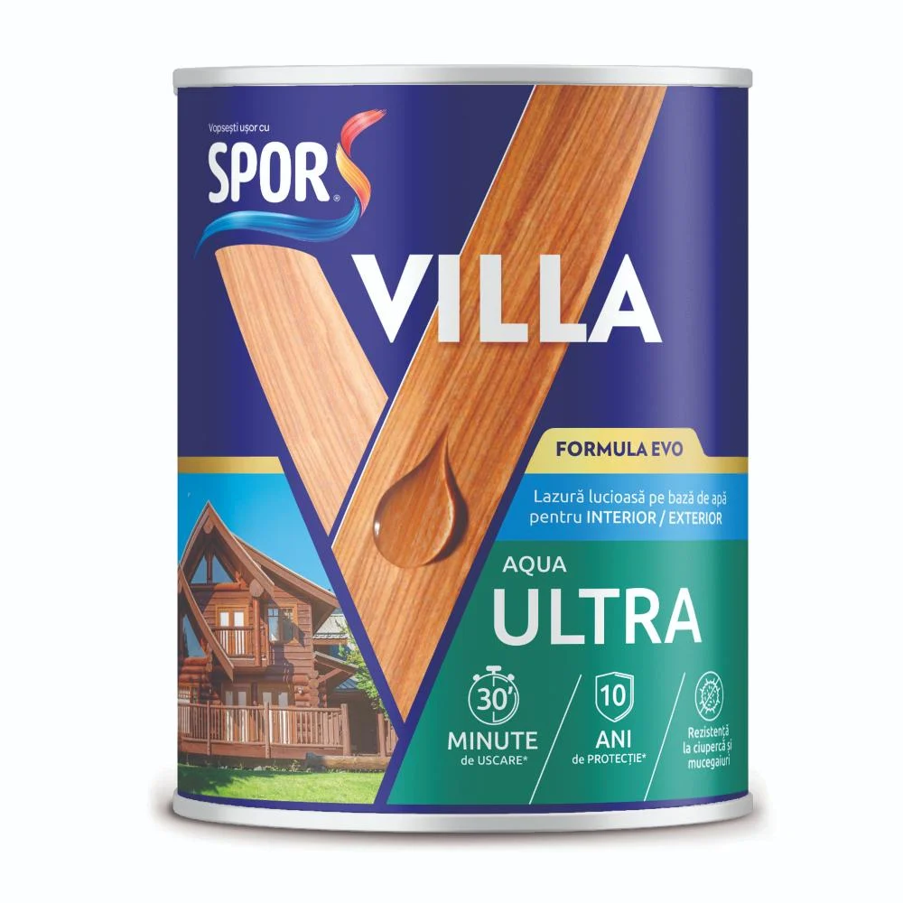 Lazura pentru lemn Spor Villa Aqua Ultra, pe baza de apa, verde dafin, interior/exterior,  2.5 l