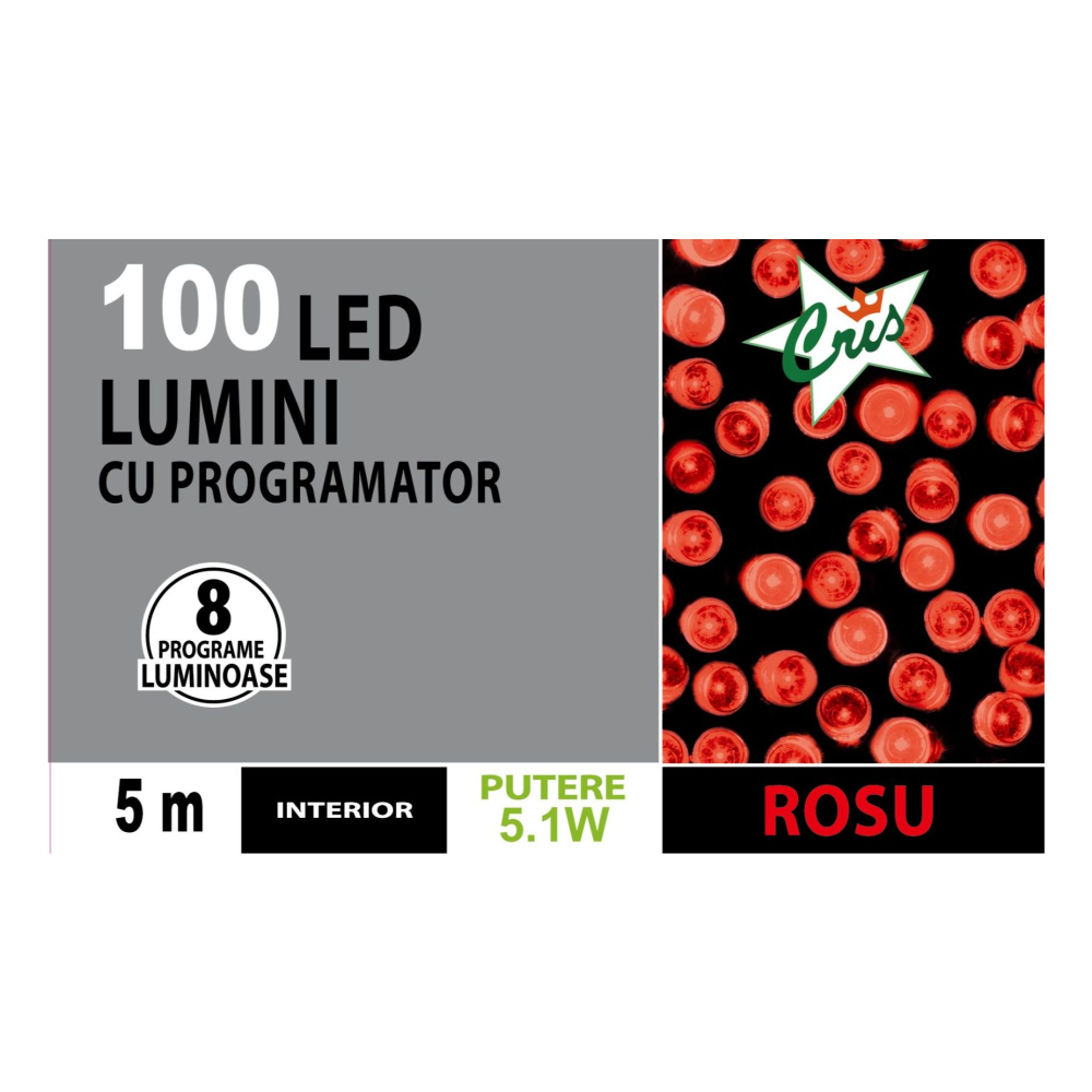 Instalatie brad Craciun, Cris, 100 LED-uri rosii, 5 m, programator, interior, alimentare acumulator