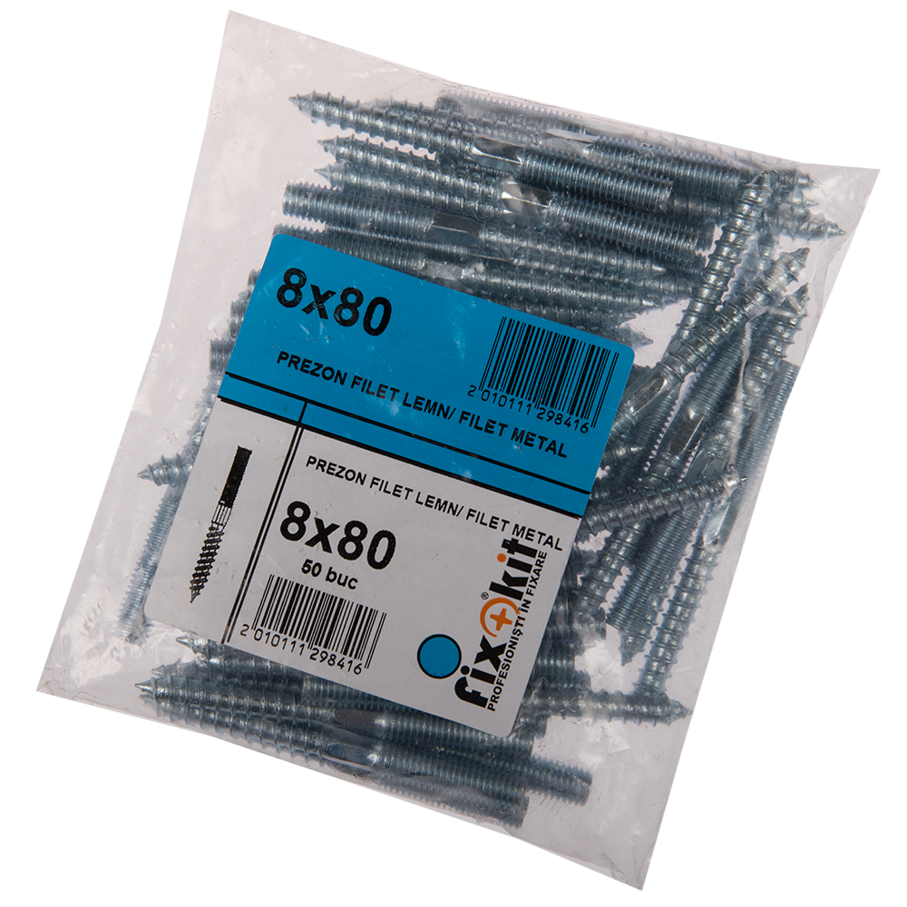 Prezon cu filet pentru lemn sau metal, 8 x 80 mm, 50 BUC