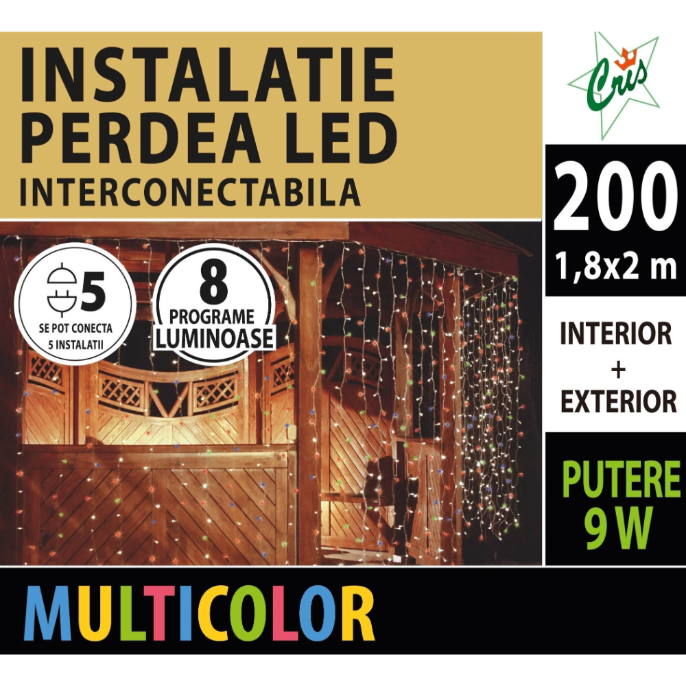 Instalatie decorativa Craciun tip perdea, Cris, 200 LED-uri multicolor, 1.8 x 2 m, interior / exterior, alimentare la retea