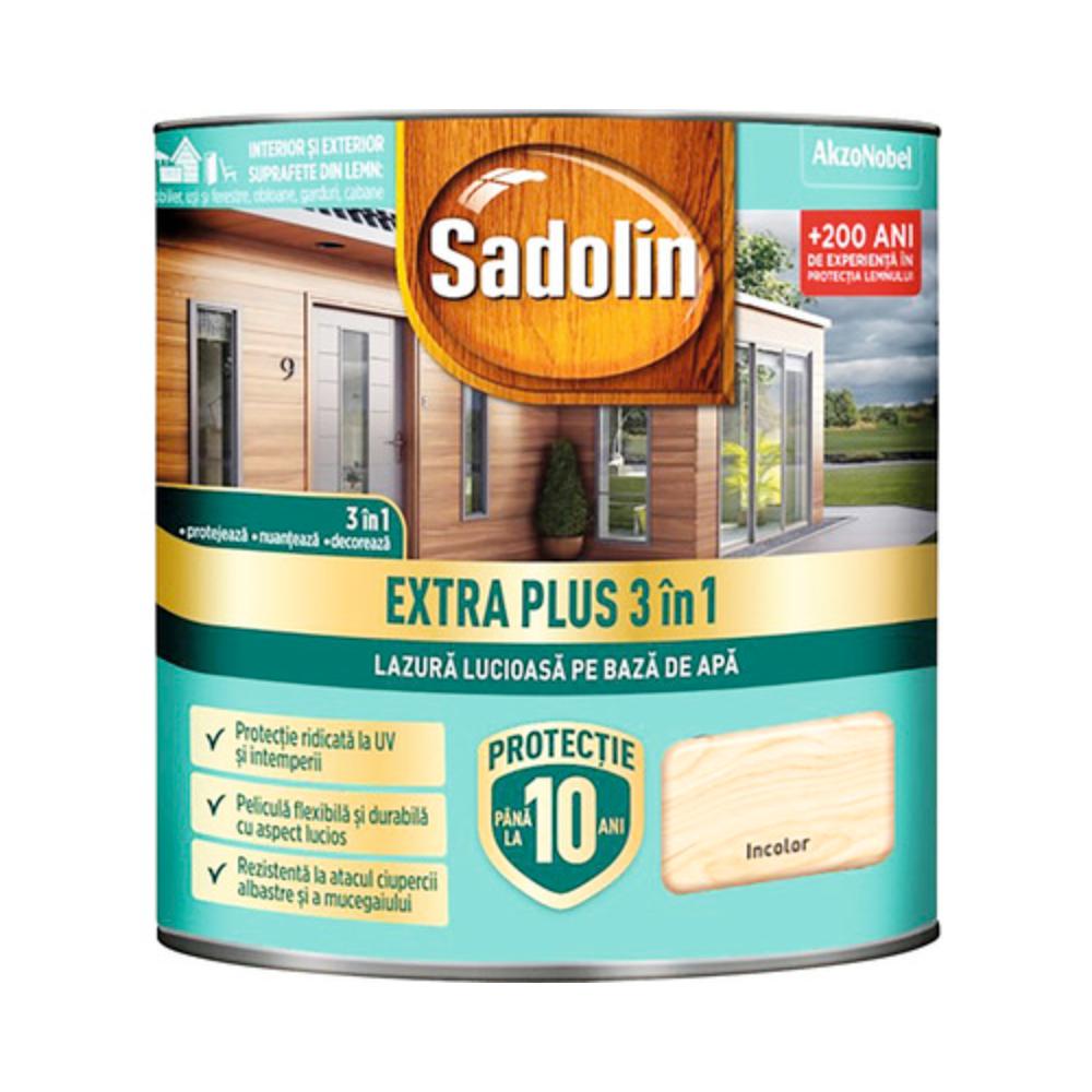 Lazura lucioasa pentru lemn, Sadolin Extra Plus 3 in 1, pe baza de apa, incolor, interior/exterior, 0.75 l