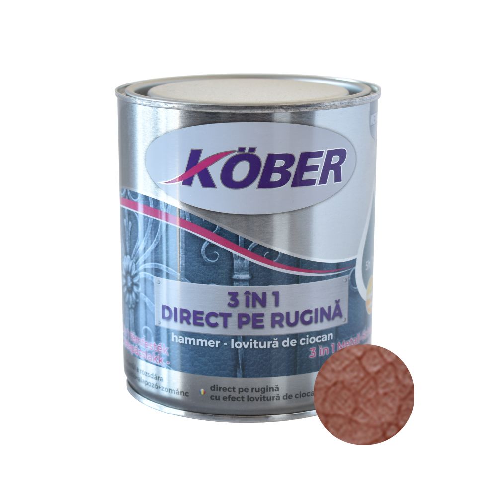 Vopsea alchidica pentru metal Kober 3 in 1 Hammer, interior/exterior, cupru, 0.75 l