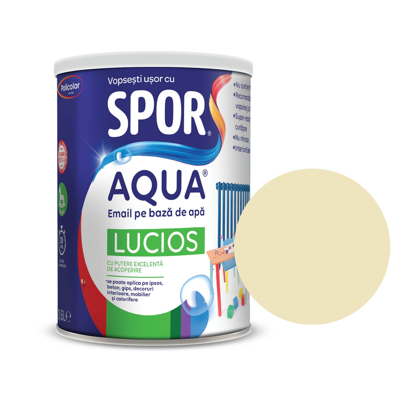 Email lucios Spor Aqua, pentru lemn/metal, interior/exterior, pe baza de apa, crem, 2.5 l
