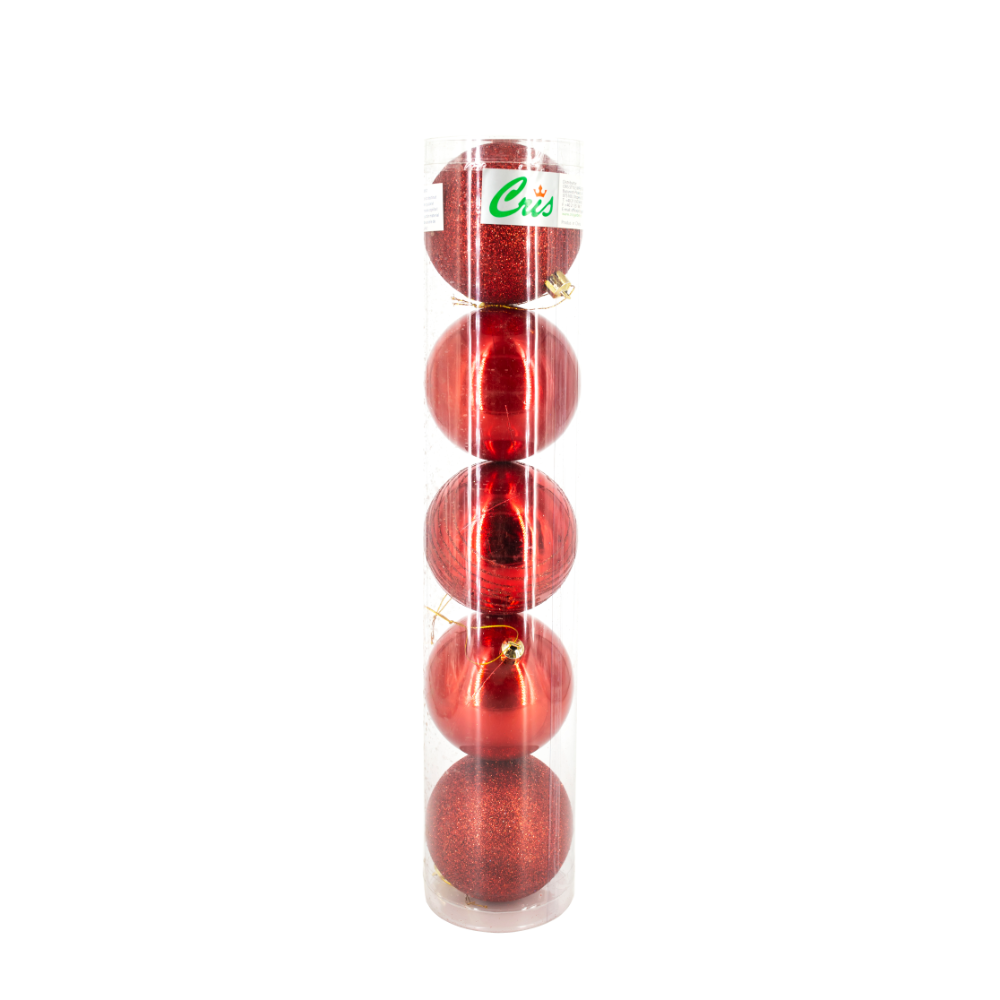 Set 5 globuri decorative de Craciun, plastic, rosu, 8 cm