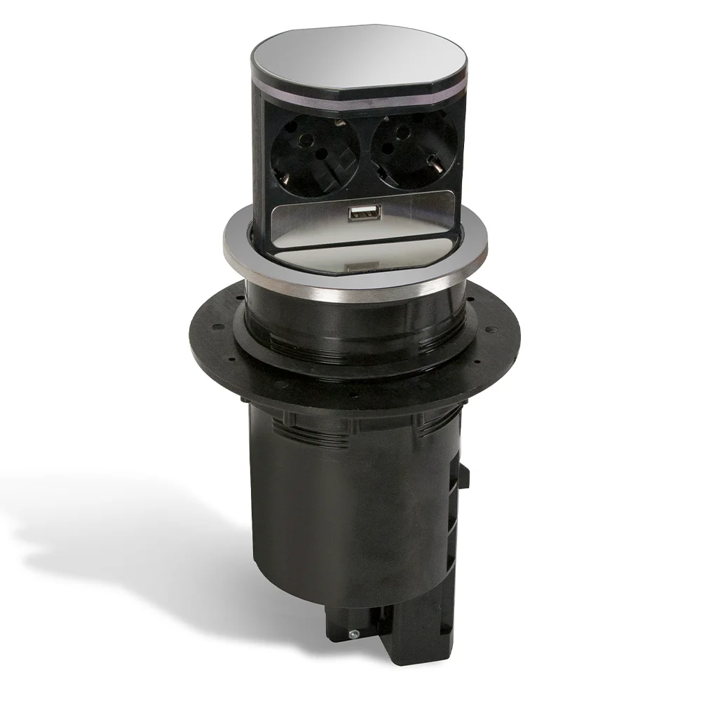 Sistem cilindric de prize incorporabile in birou Evocoon-Popup, 2 prize simplu + 1 USB , inox