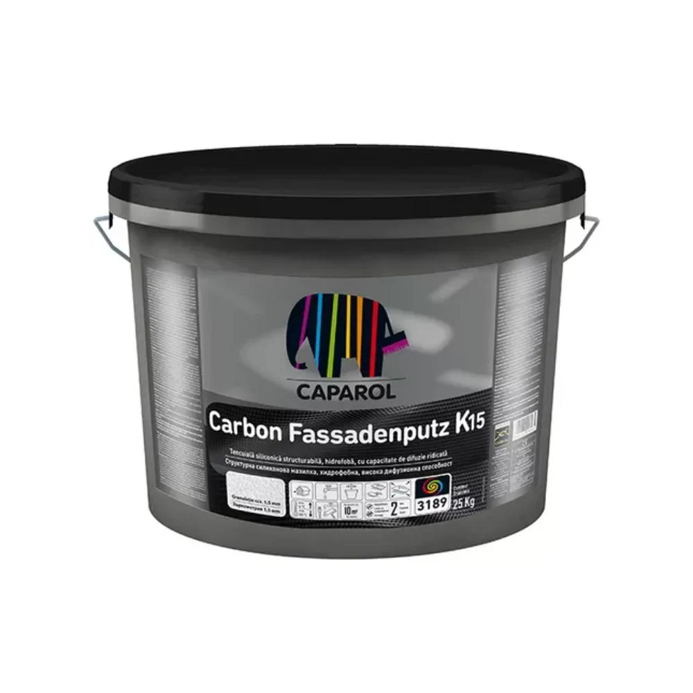Tencuiala decorativa siliconica Caparol Carbon-Fassadenputz K15, structura bob langa bob, granulatie 1.5 mm, exterior, alb, 25 kg