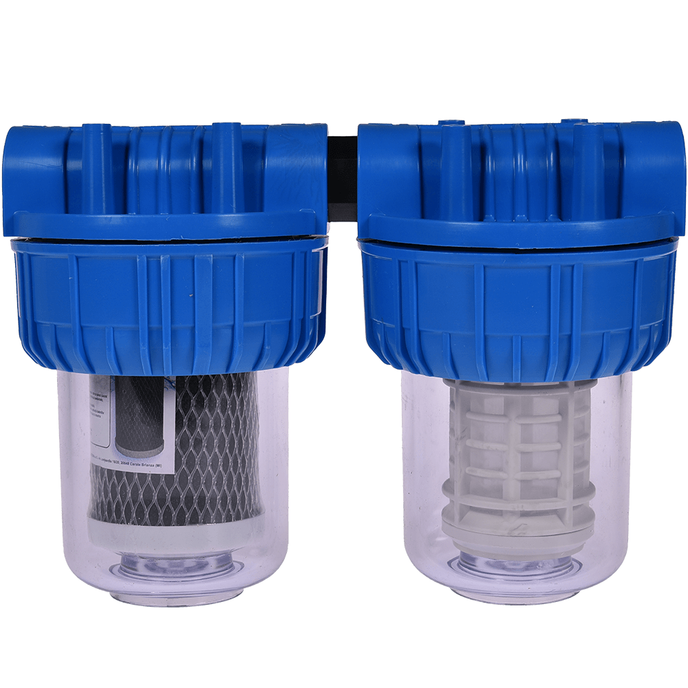 Filtru triplex de apa, 2 trepte filtrare, carbune + polipropilena + sita, 5 cu 1 in linie