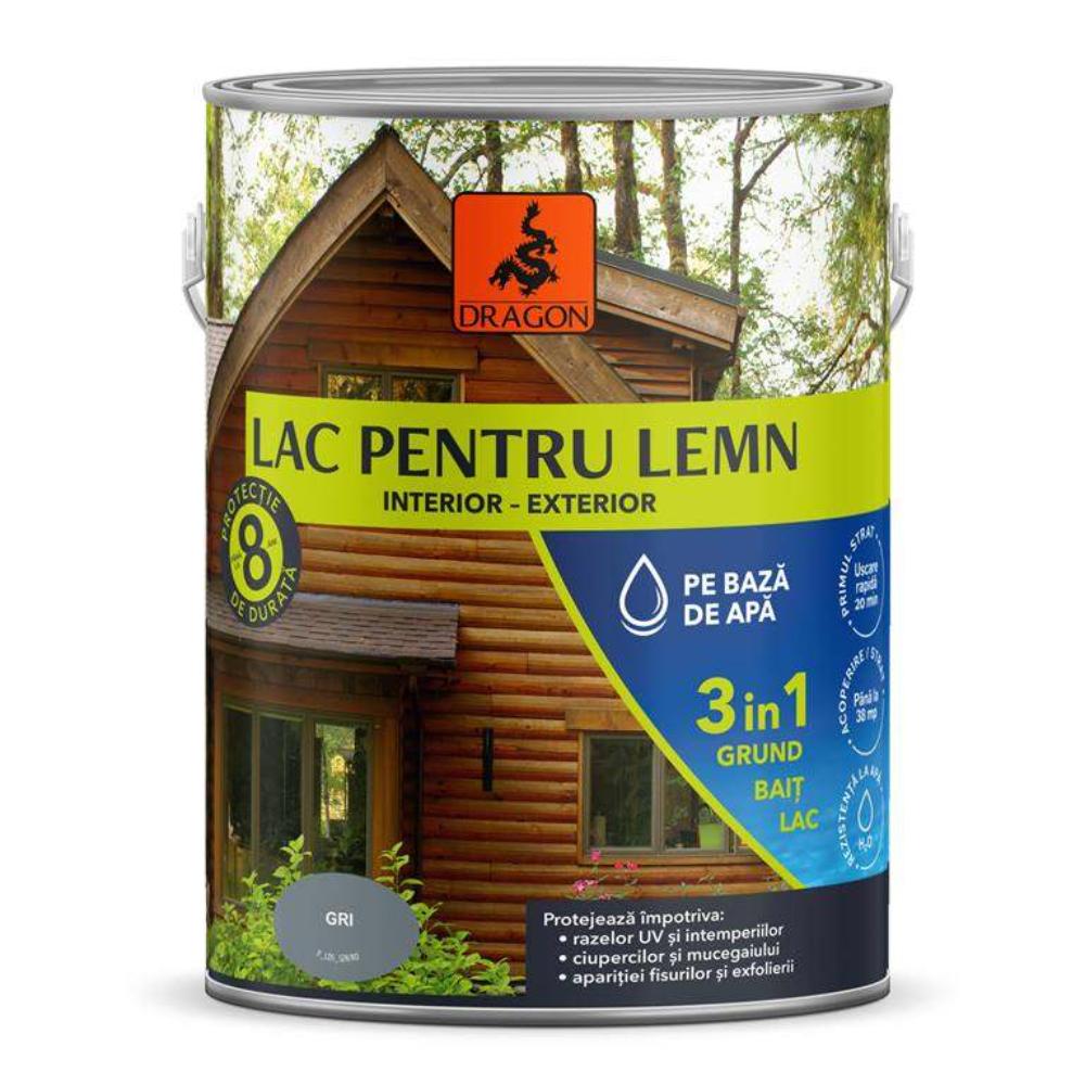 Lac pentru lemn 3in1 Dragon, gri, pe baza de apa, interior/exterior, 2.5 l