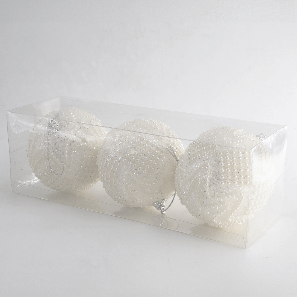 Set 3 globuri decorative de Craciun, plastic, alb cu margele si perle, 8 cm