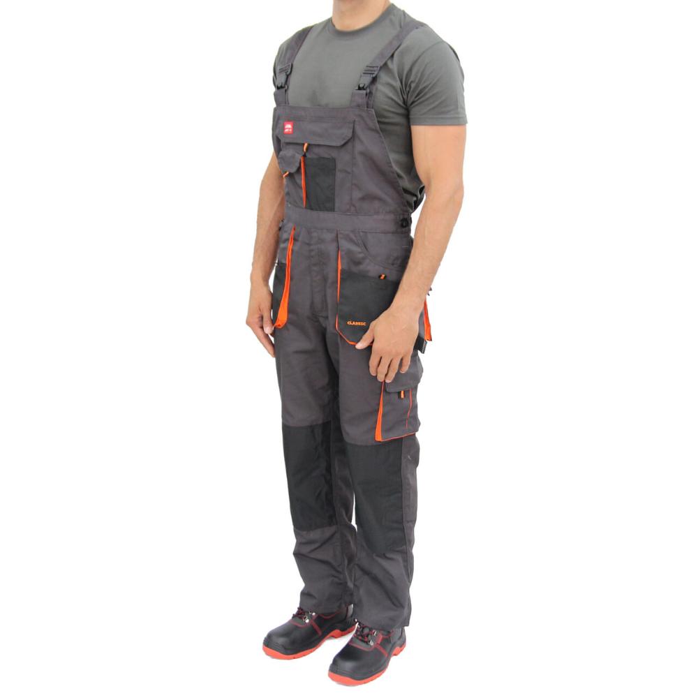 Pantaloni de protectie cu pieptar, tercot, toate sezoanele, gri cu negru, marimea 50