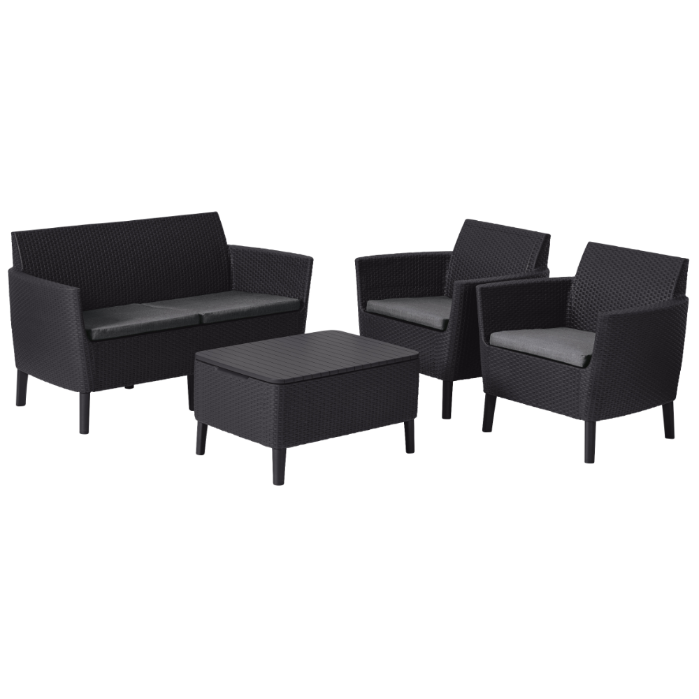 Set mobilier de gradina, 4 piese, Keter Salemo, plastic, 2 fotolii 74 x 67 x 76cm, canapea 133 x 67 x 76 cm, masa 76 x 56 x 42cm, gri antracit