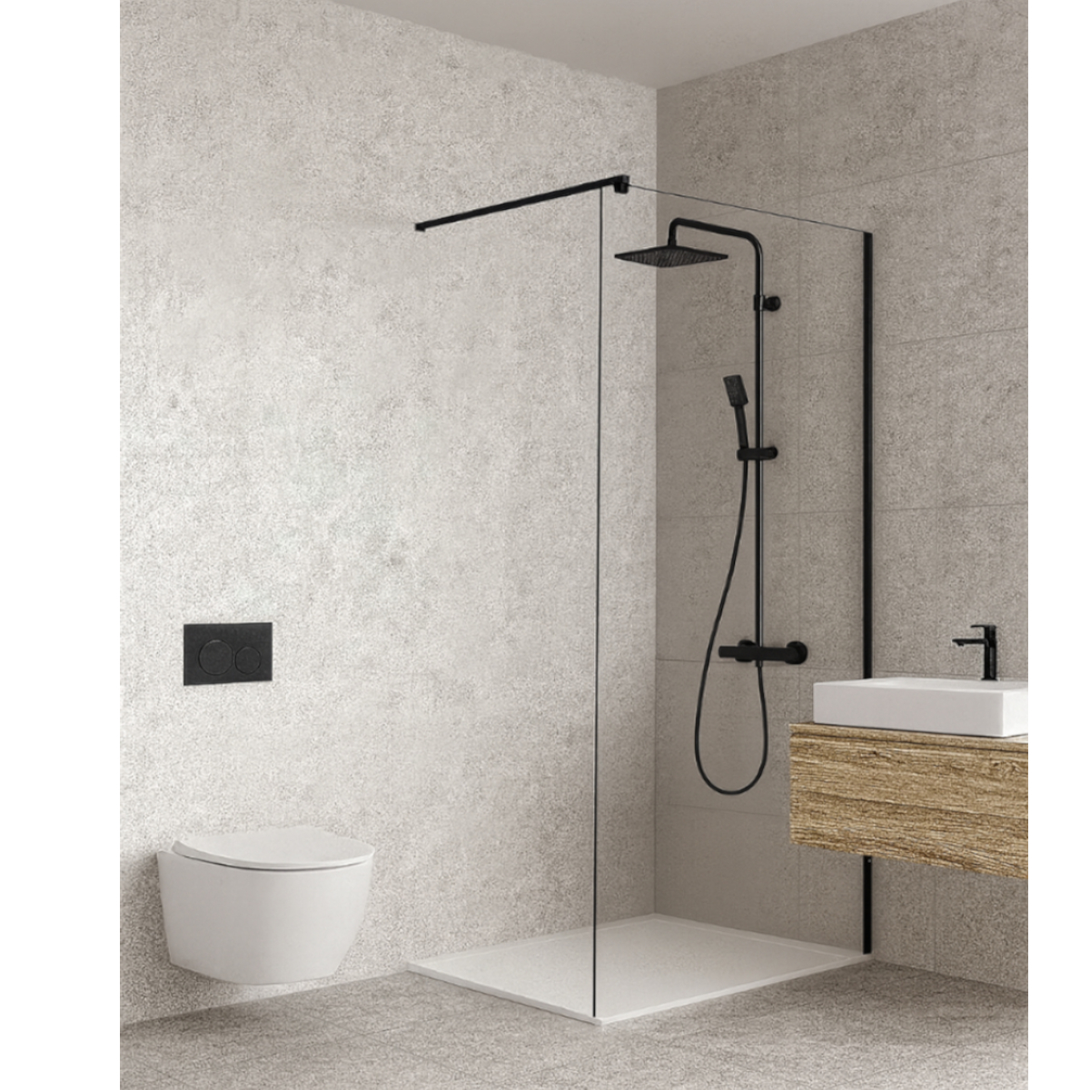 Perete fix dus / walk in Sanotechnik Sanoflex Young Black, sticla 6 mm clara, profil negru mat, 115-117 x 195 cm cm