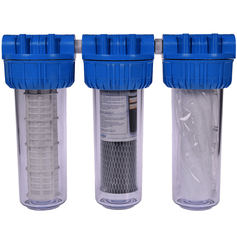Filtru triplex de apa, carbune + polipropilena + sita, 10 cu 3/4 in linie