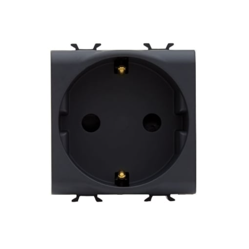 Priza schuko simpla Gewiss GW12241, incastrata, 2 module, contact de protectie, negru satinat