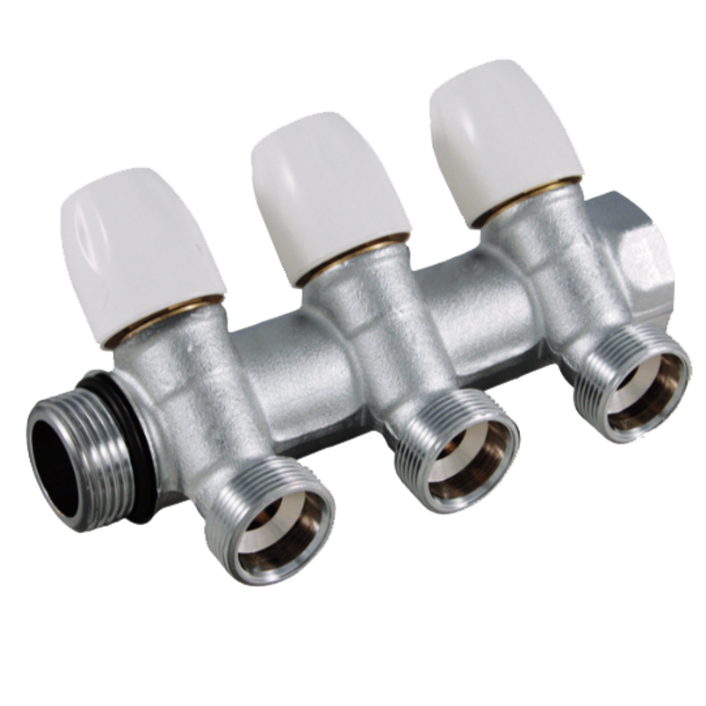 Colector liniar modular cu robineti Tiemme Maxima, tur de 3/4, alama, 3 cai, 16 bar, 1/2'' x 16 mm