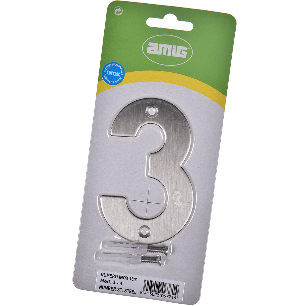 Numar usa/poarta 3 Fischer, inox, prindere suruburi, 10 mm