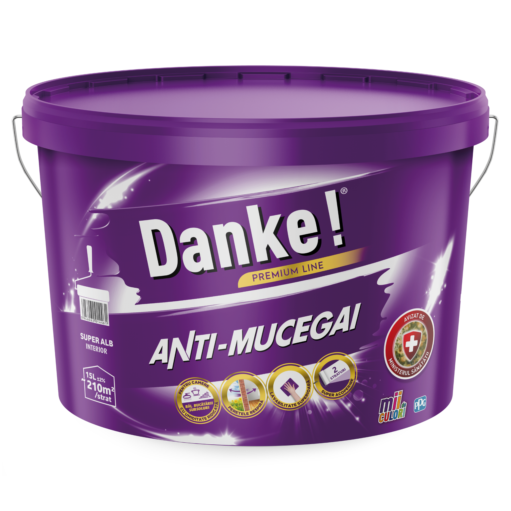 Vopsea lavabila antimucegai Danke, interior, baie si bucatarie, alb, 15 l