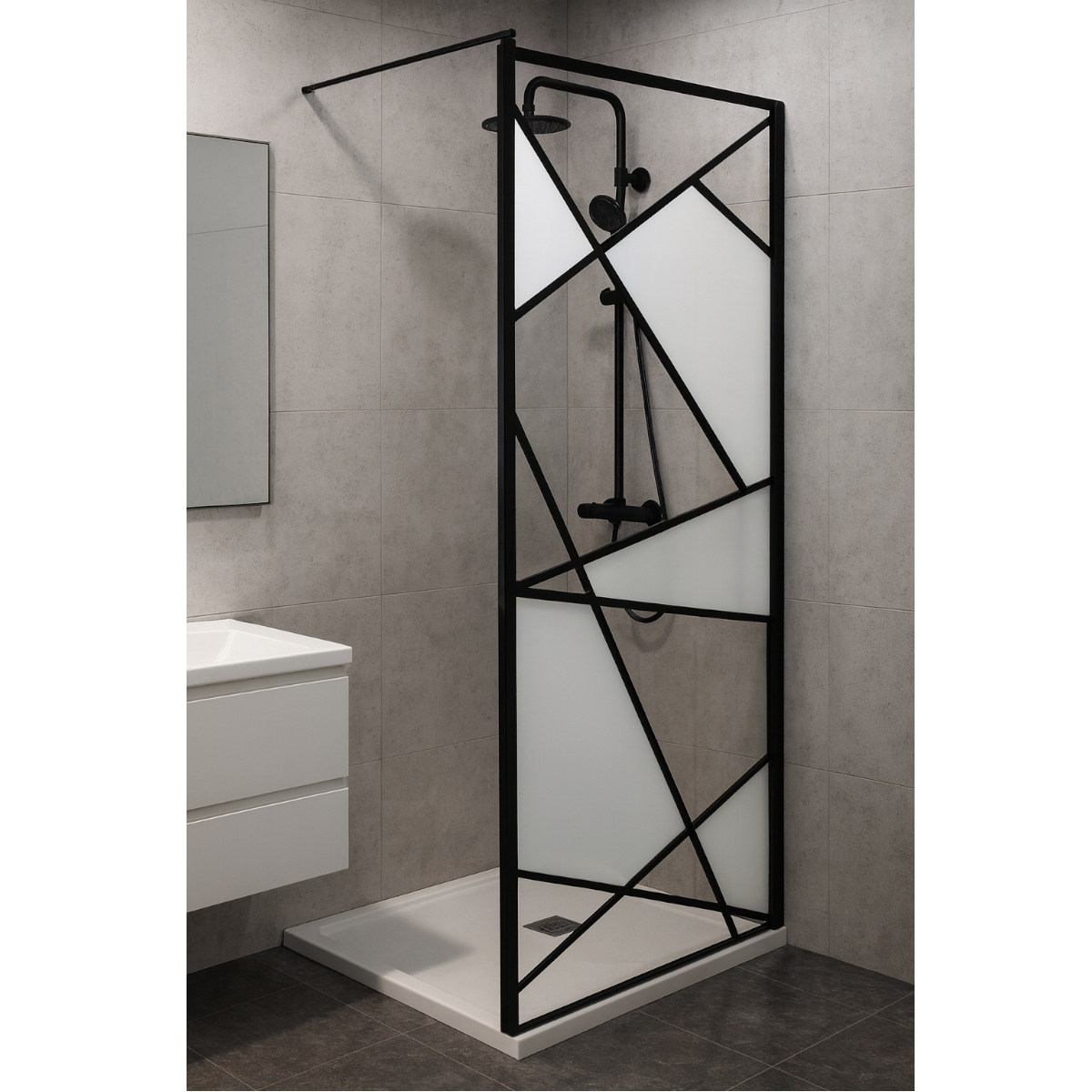 Paravan de dus Sanotechnik Sanoflex Industrial TM90B, sticla decor, EasyClean, profile aluminiu, negru mat, 88-90 x 200 cm