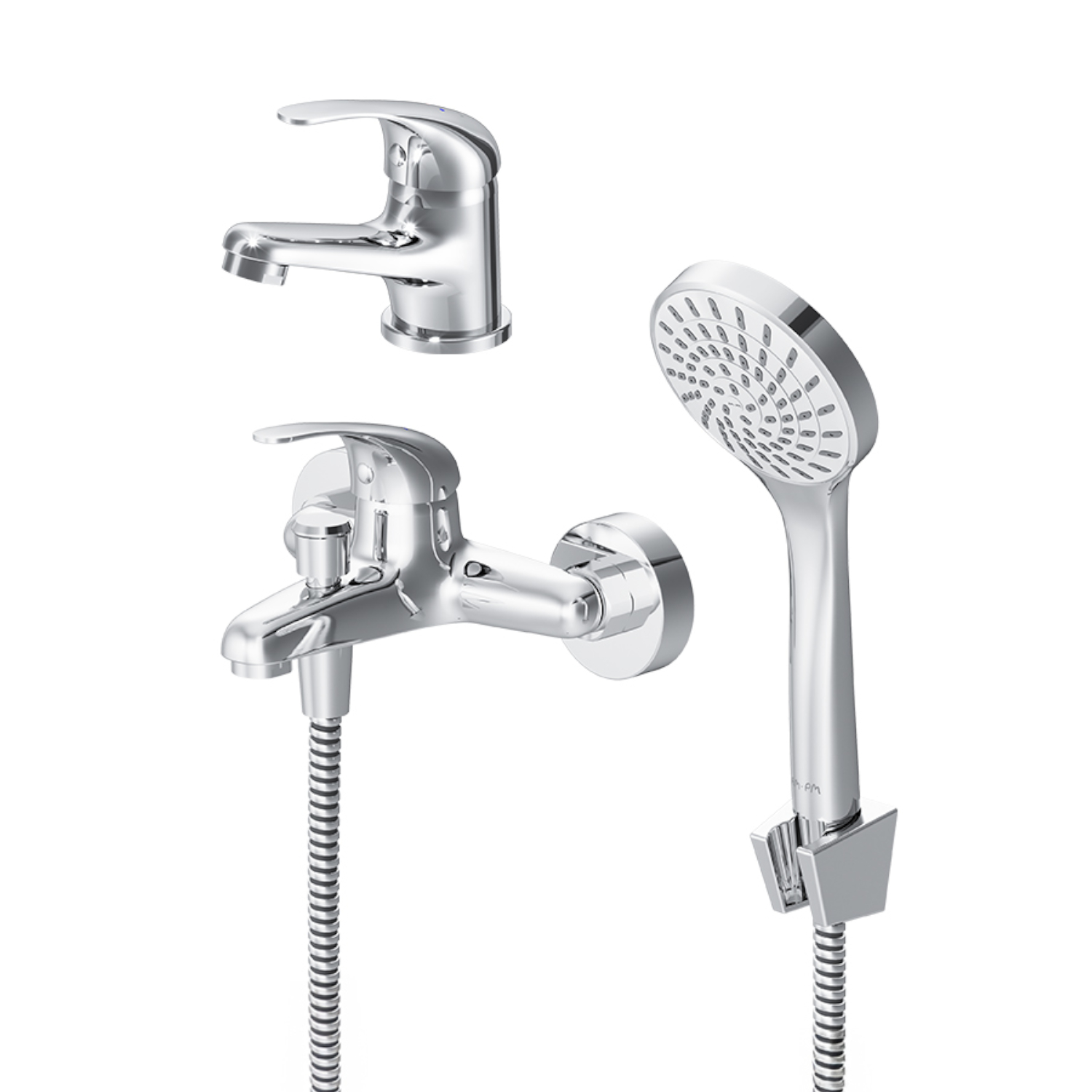 Set 3 in 1 AM.PM Play F4098301, baterie monocomanda pentru lavoar + baterie pentru cada si dus + set de dus cu para si furtun de 150 cm si suport fiabil, finisaj cromat Everlast