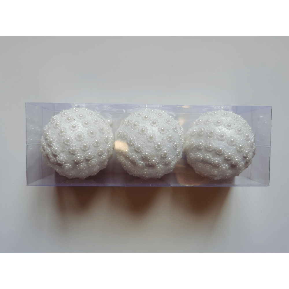 Set 3 globuri decorative de Craciun, plastic, alb cu perle, 8 cm