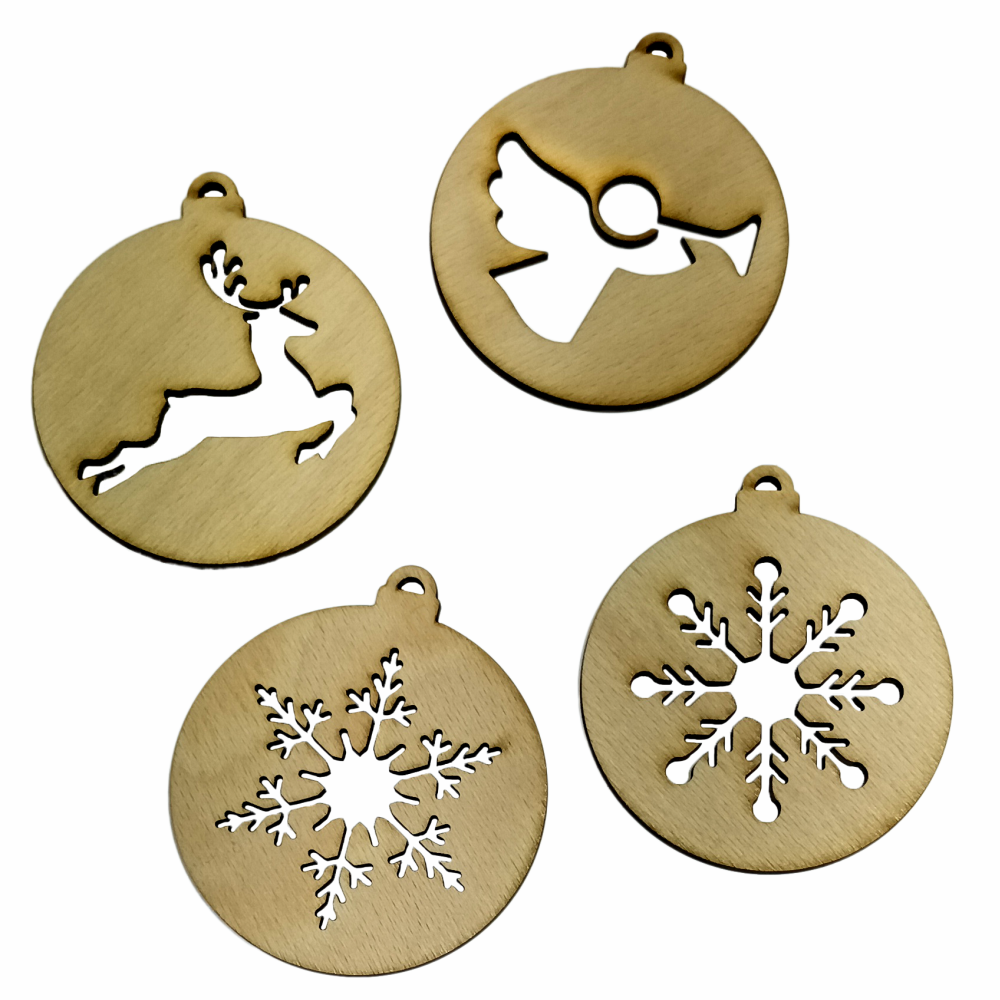 Set de ornamente din lemn pentru Craciun, lemn de fag, 88 x 78mm, 4 bucati
