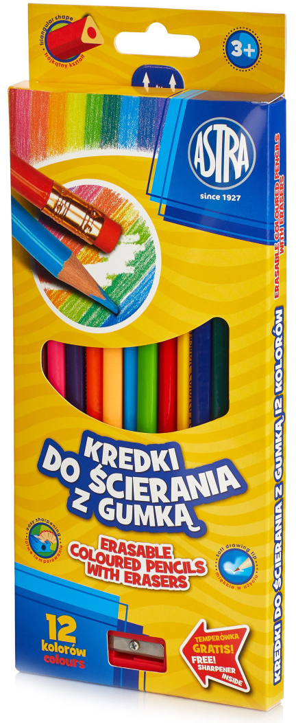 Creioane colorate cu radiera Astra - 12 bucati, cu ascutitoare