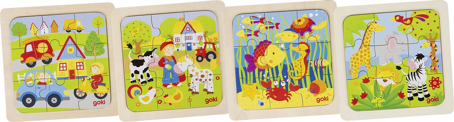Puzzle din lemn Goki - Animalute, fertma si mediul urban, sortiment