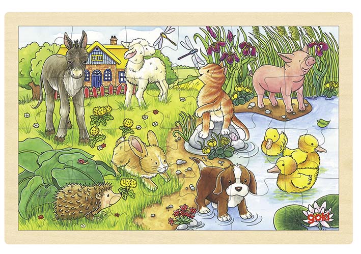 Puzzle din lemn Goki - Pui de animale, de acasa