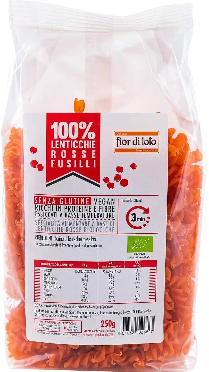 Bio fusilli din linte roșie, 250 g, Fior di Loto