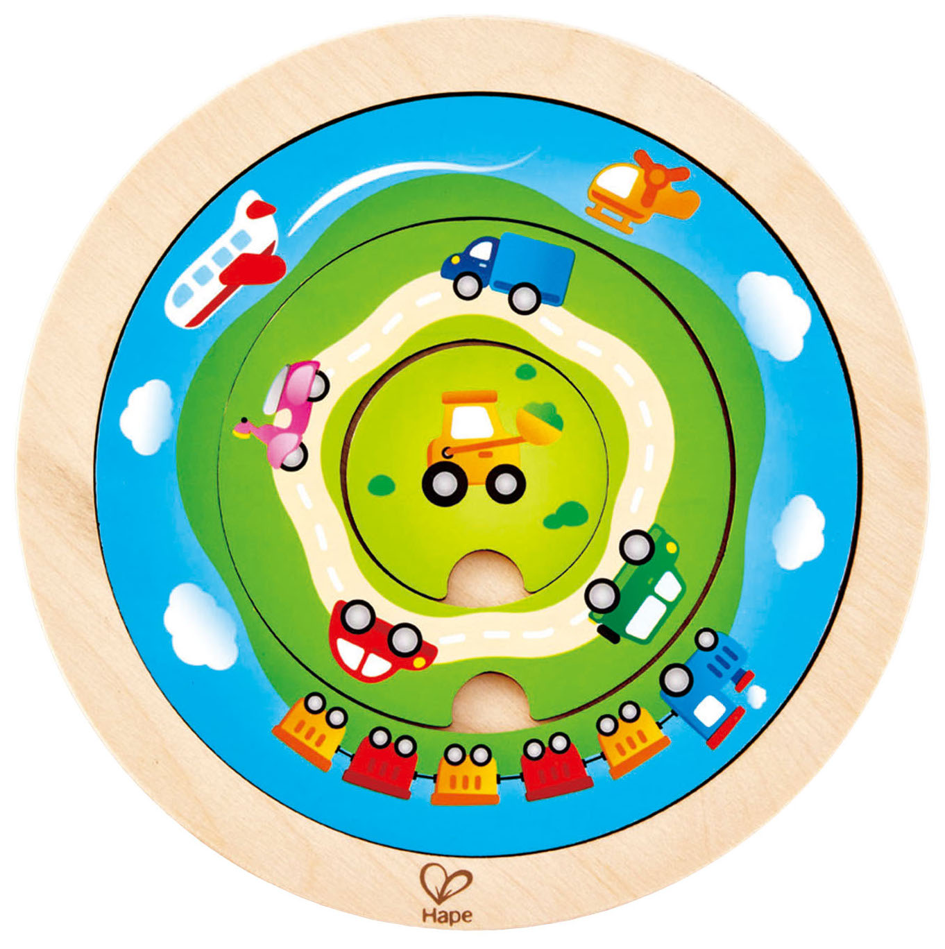Puzzle rotund din lemn Hape - Vehicule