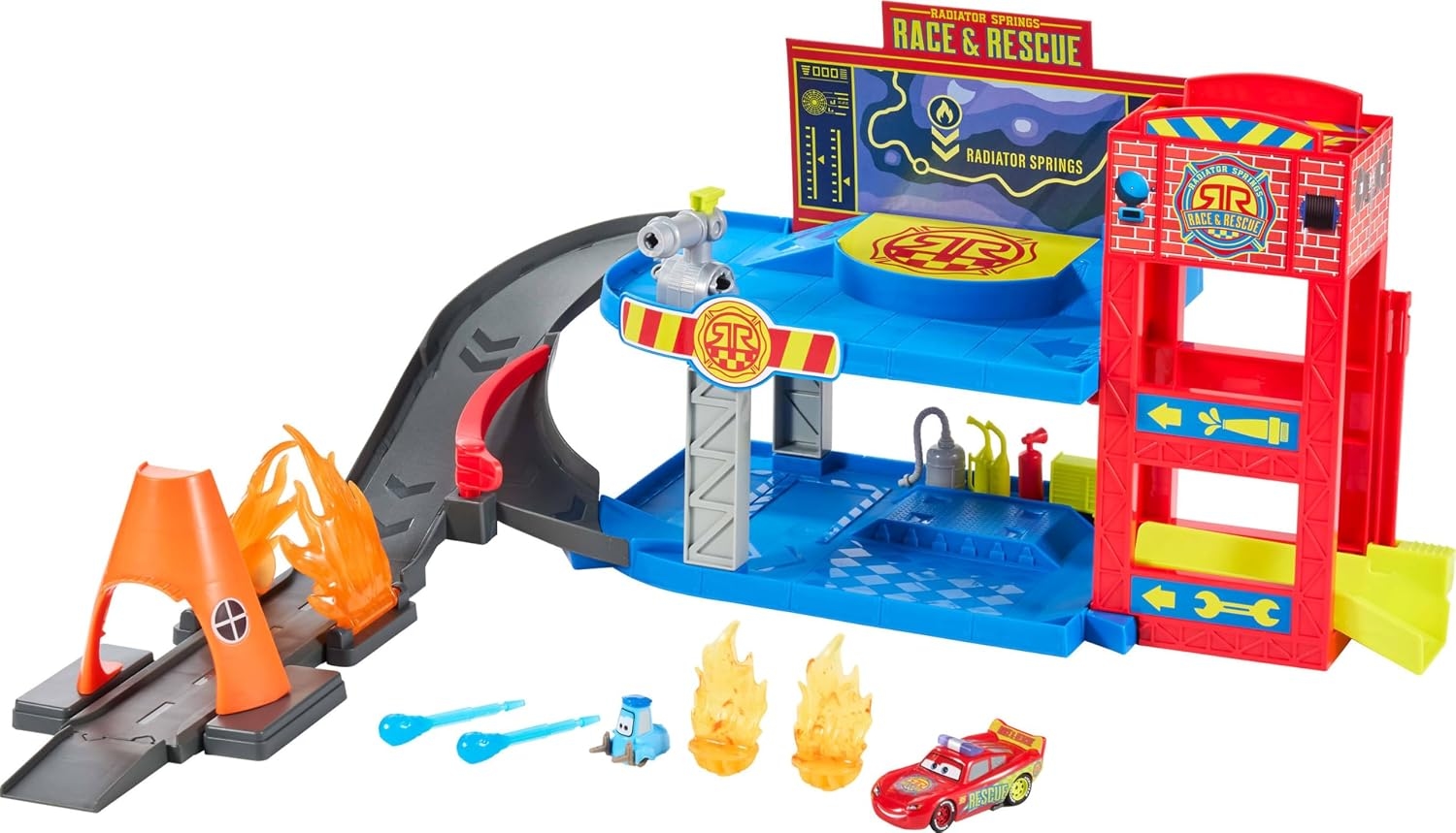 Set de joacă Disney Pixar Cars – Race & Rescue, cu mașinuțele Fulger McQueen și Guido
