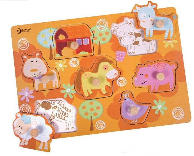 Puzzle din lemn cu manere Classic World - Animale de la ferma