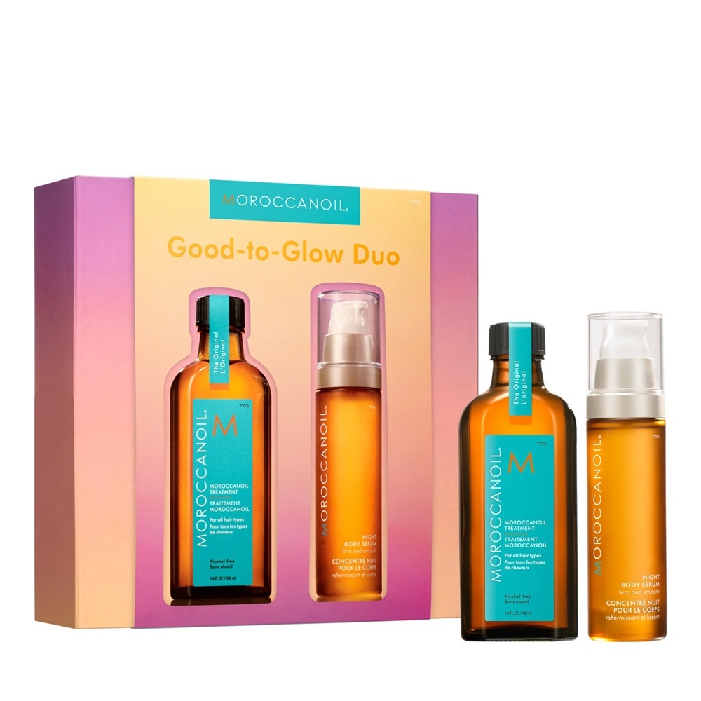 Set de par si corp Moroccanoil Good To Glow Duo, Tratament Original 100 ml + Night Body Serum, 50 ml