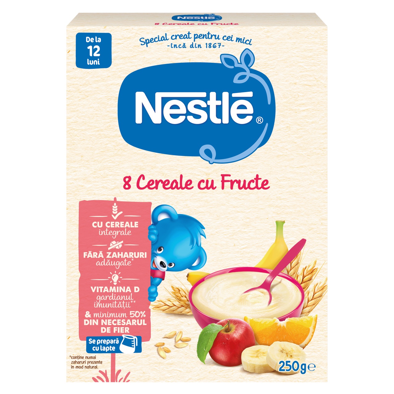 Nestle 8 Cereale cu Fructe, 250g – Pentru copii 12+ luni