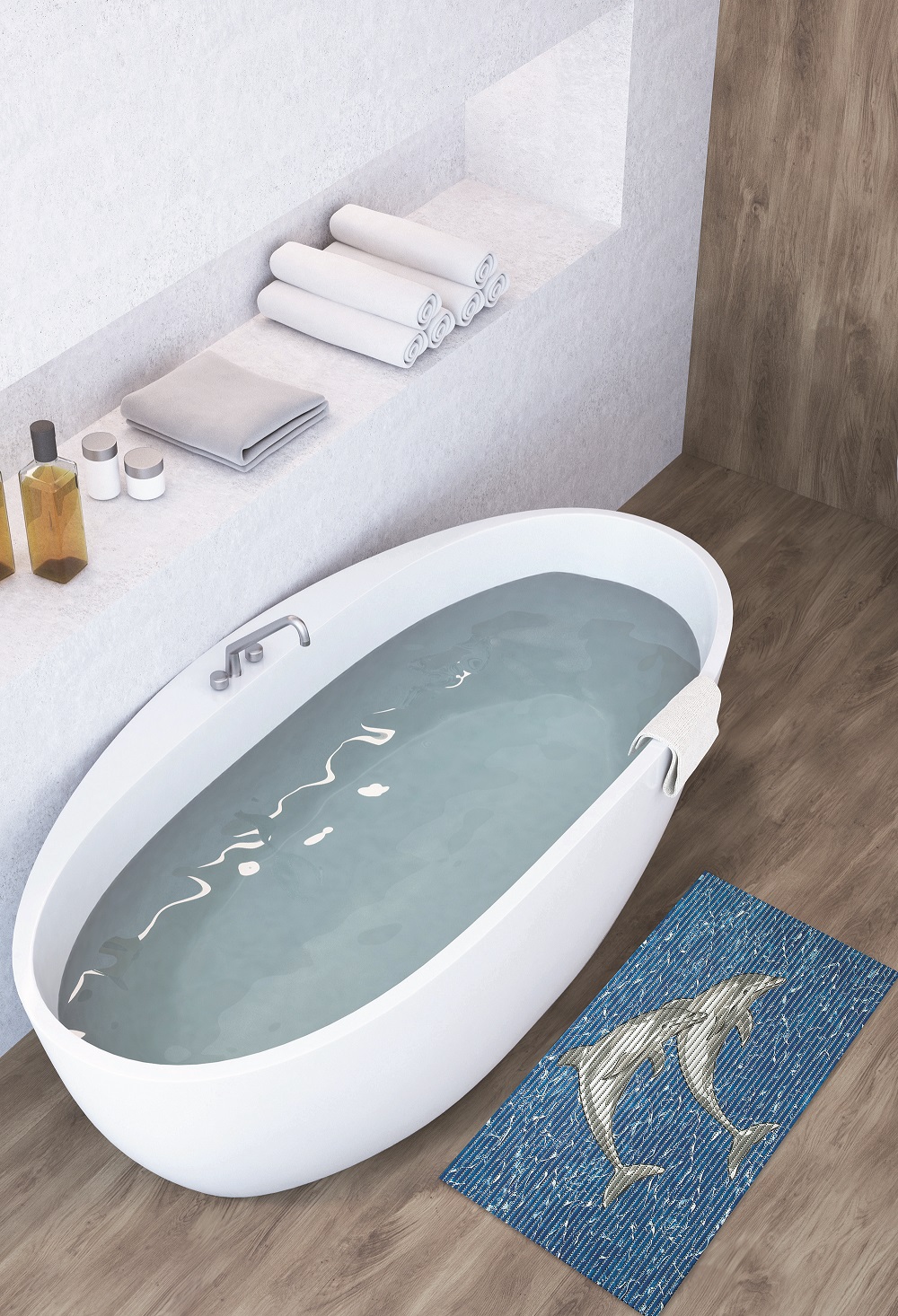 Covoras baie delfini, 48x80cm, antiderapant, 3D, albastru, dreptunghiular, spuma PVC, Dolphin