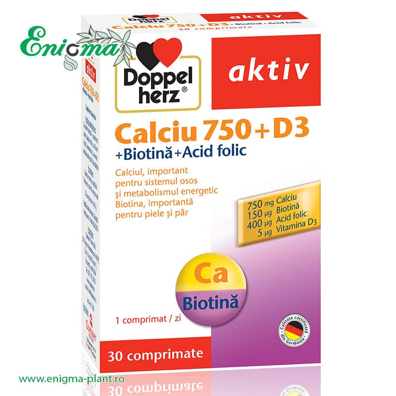 Doppelherz® Aktiv Calciu 750 + D3 + Biotina + Acid Folic
