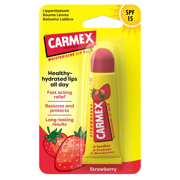 Balsam reparator pentru buze uscate si crapate cu aroma de capsuni SPF15, Carmex | 10 g