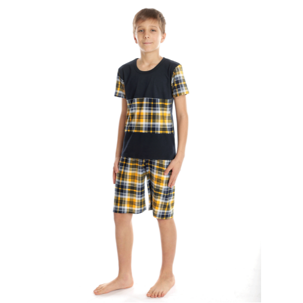 Pijama 1/2 baieti AV2424 bleumarin/galben cadrilat, Andana | marimea 34 (7/8 ani)