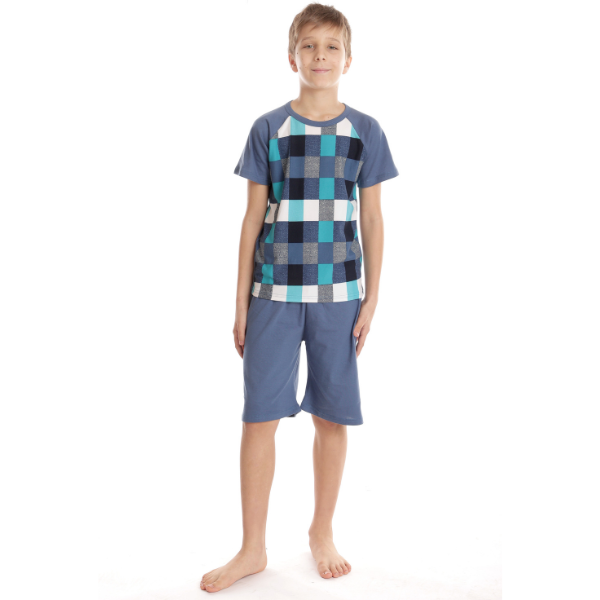 Pijama 1/2 baieti AV2425 denim/cadrilat multicolor, Andana | marimea 34 (7/8 ani)