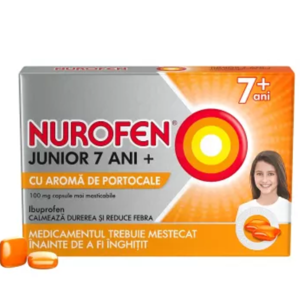 Nurofen Junior 100 mg cu portocale 7 ani+, Reckitt Benckiser | 12 capsule masticabile