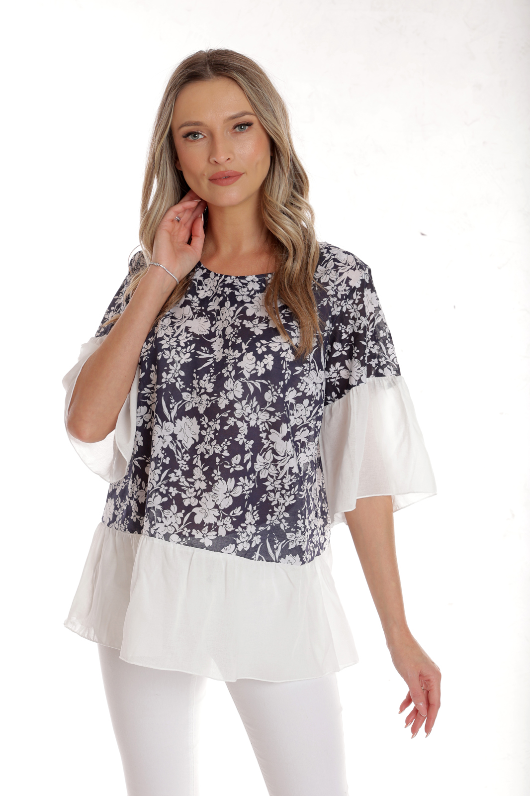 Bluza dama CP25029 bleumarin floral & alb, Cesy | marimea S